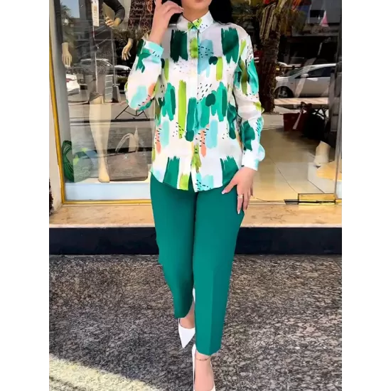 Long Sleeves Buttoned Printed Lapel Blouses Top + High Waisted Pants Bottom Two Pieces Set Long Sleeves Buttoned Printed Lapel Blouses Top + High Waisted Pants Bottom Two Pieces Set