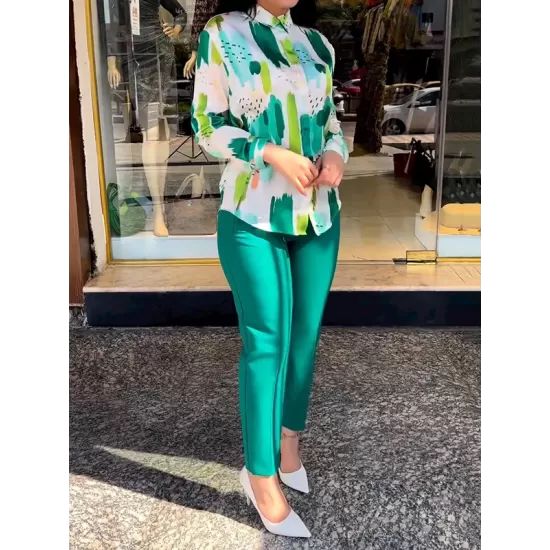 Long Sleeves Buttoned Printed Lapel Blouses Top + High Waisted Pants Bottom Two Pieces Set Long Sleeves Buttoned Printed Lapel Blouses Top + High Waisted Pants Bottom Two Pieces Set