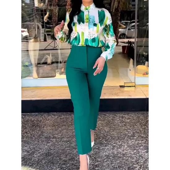 Long Sleeves Buttoned Printed Lapel Blouses Top + High Waisted Pants Bottom Two Pieces Set Long Sleeves Buttoned Printed Lapel Blouses Top + High Waisted Pants Bottom Two Pieces Set