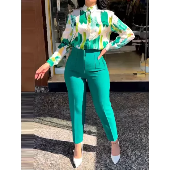 Long Sleeves Buttoned Printed Lapel Blouses Top + High Waisted Pants Bottom Two Pieces Set Long Sleeves Buttoned Printed Lapel Blouses Top + High Waisted Pants Bottom Two Pieces Set