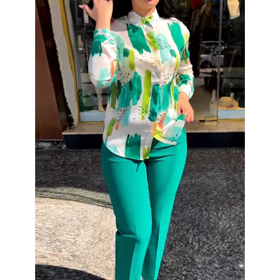 Long Sleeves Buttoned Printed Lapel Blouses Top + High Waisted Pants Bottom Two Pieces Set Long Sleeves Buttoned Printed Lapel Blouses Top + High Waisted Pants Bottom Two Pieces Set