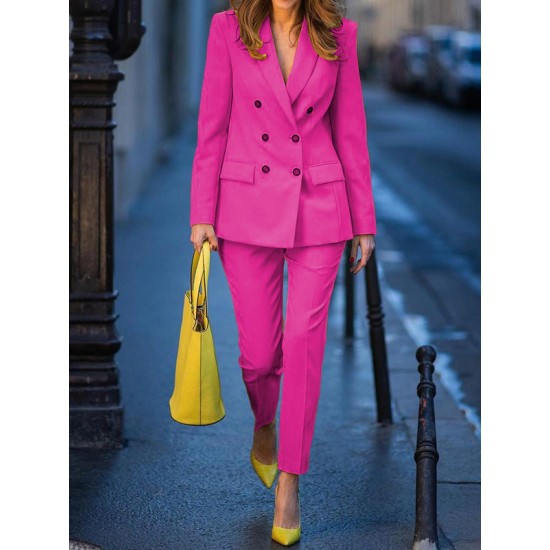 Notched Collar Long Sleeves Loose Buttoned Outerwear Top + Pants Bottom Two Pieces Set Notched Collar Long Sleeves Loose Buttoned Outerwear Top + Pants Bottom Two Pieces Set