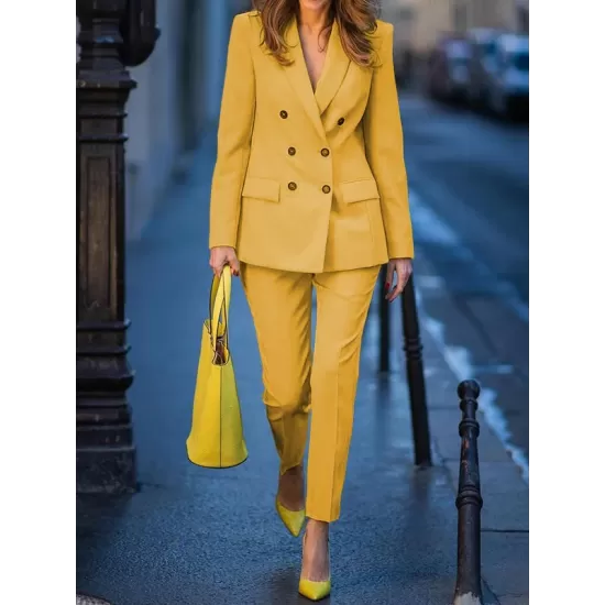 Notched Collar Long Sleeves Loose Buttoned Outerwear Top + Pants Bottom Two Pieces Set Notched Collar Long Sleeves Loose Buttoned Outerwear Top + Pants Bottom Two Pieces Set