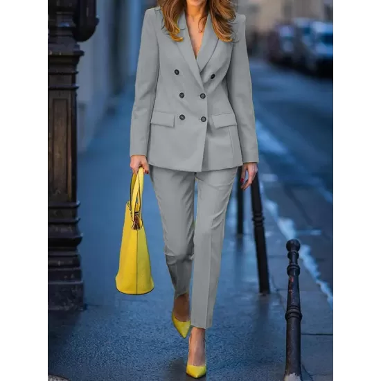Notched Collar Long Sleeves Loose Buttoned Outerwear Top + Pants Bottom Two Pieces Set Notched Collar Long Sleeves Loose Buttoned Outerwear Top + Pants Bottom Two Pieces Set