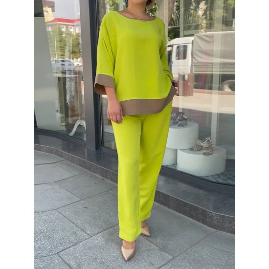 Loose Split-Side Three-Quarter Sleeves Contrast Color Round-Neck Shirts Top + Pants Bottom Two Pieces Set Loose Split-Side Three-Quarter Sleeves Contrast Color Round-Neck Shirts Top + Pants Bottom Two Pieces Set
