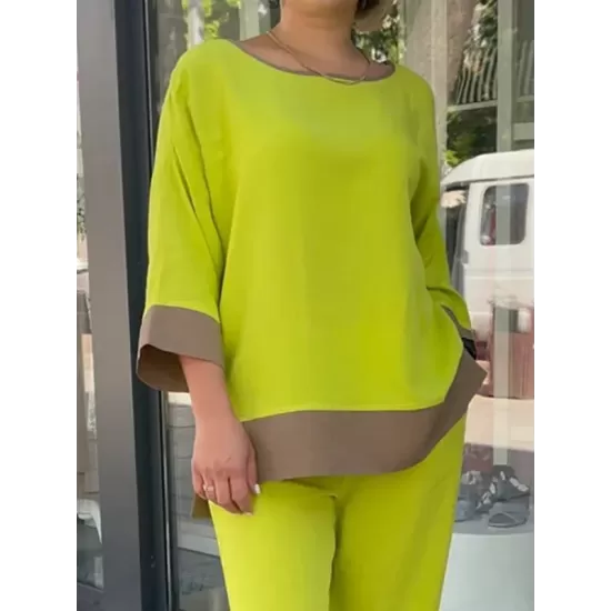 Loose Split-Side Three-Quarter Sleeves Contrast Color Round-Neck Shirts Top + Pants Bottom Two Pieces Set Loose Split-Side Three-Quarter Sleeves Contrast Color Round-Neck Shirts Top + Pants Bottom Two Pieces Set