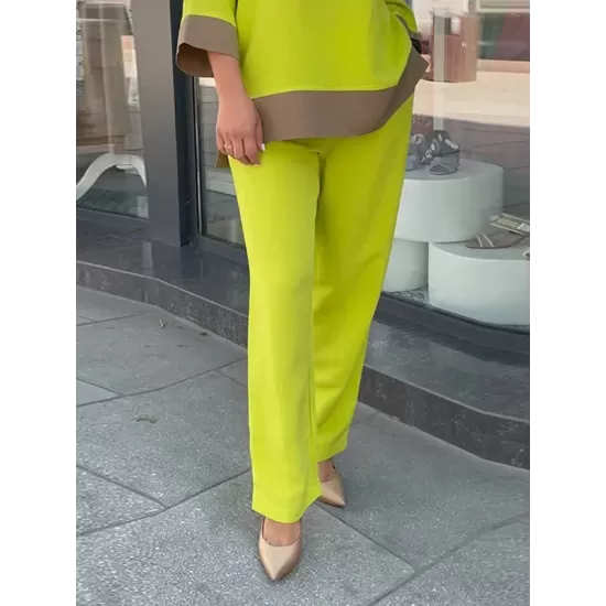 Loose Split-Side Three-Quarter Sleeves Contrast Color Round-Neck Shirts Top + Pants Bottom Two Pieces Set Loose Split-Side Three-Quarter Sleeves Contrast Color Round-Neck Shirts Top + Pants Bottom Two Pieces Set