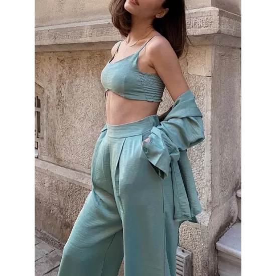 Lapel Solid Color Buttoned Shirts Top + Pleated High Waisted Straight Leg Pants Bottom Two Pieces Set Lapel Solid Color Buttoned Shirts Top + Pleated High Waisted Straight Leg Pants Bottom Two Pieces Set