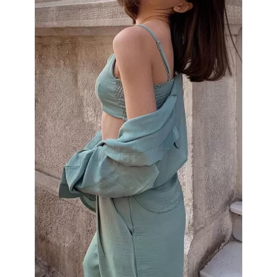 Lapel Solid Color Buttoned Shirts Top + Pleated High Waisted Straight Leg Pants Bottom Two Pieces Set Lapel Solid Color Buttoned Shirts Top + Pleated High Waisted Straight Leg Pants Bottom Two Pieces Set