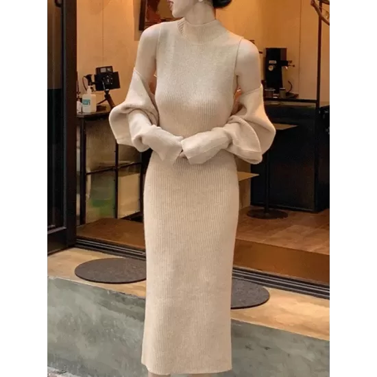 Mock Neck Long Sleeves Solid Color Cardigan Top + High Waisted Sweater Dress Two Pieces Set Mock Neck Long Sleeves Solid Color Cardigan Top + High Waisted Sweater Dress Two Pieces Set