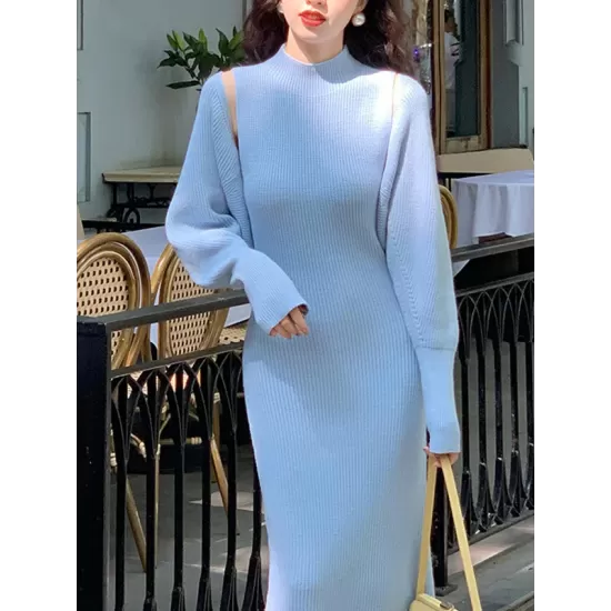 Mock Neck Long Sleeves Solid Color Cardigan Top + High Waisted Sweater Dress Two Pieces Set Mock Neck Long Sleeves Solid Color Cardigan Top + High Waisted Sweater Dress Two Pieces Set