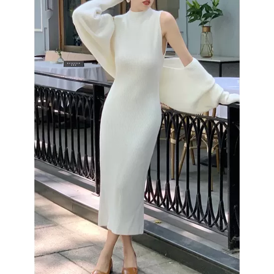 Mock Neck Long Sleeves Solid Color Cardigan Top + High Waisted Sweater Dress Two Pieces Set Mock Neck Long Sleeves Solid Color Cardigan Top + High Waisted Sweater Dress Two Pieces Set