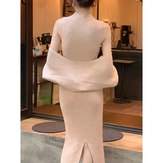 Mock Neck Long Sleeves Solid Color Cardigan Top + High Waisted Sweater Dress Two Pieces Set Mock Neck Long Sleeves Solid Color Cardigan Top + High Waisted Sweater Dress Two Pieces Set