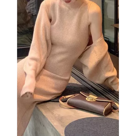 Mock Neck Long Sleeves Solid Color Cardigan Top + High Waisted Sweater Dress Two Pieces Set Mock Neck Long Sleeves Solid Color Cardigan Top + High Waisted Sweater Dress Two Pieces Set