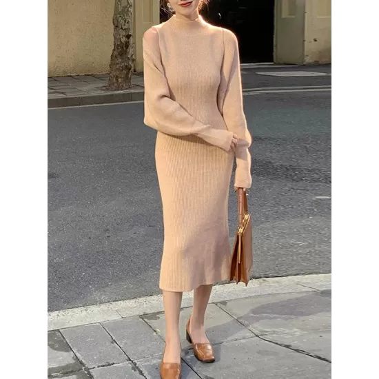 Mock Neck Long Sleeves Solid Color Cardigan Top + High Waisted Sweater Dress Two Pieces Set Mock Neck Long Sleeves Solid Color Cardigan Top + High Waisted Sweater Dress Two Pieces Set