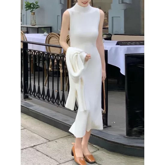 Mock Neck Long Sleeves Solid Color Cardigan Top + High Waisted Sweater Dress Two Pieces Set Mock Neck Long Sleeves Solid Color Cardigan Top + High Waisted Sweater Dress Two Pieces Set