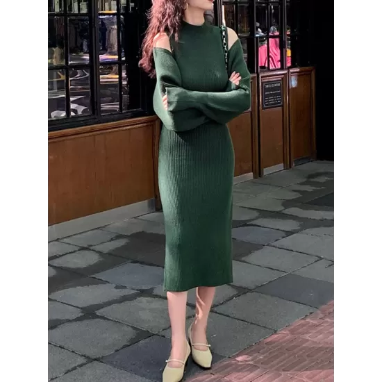 Mock Neck Long Sleeves Solid Color Cardigan Top + High Waisted Sweater Dress Two Pieces Set Mock Neck Long Sleeves Solid Color Cardigan Top + High Waisted Sweater Dress Two Pieces Set