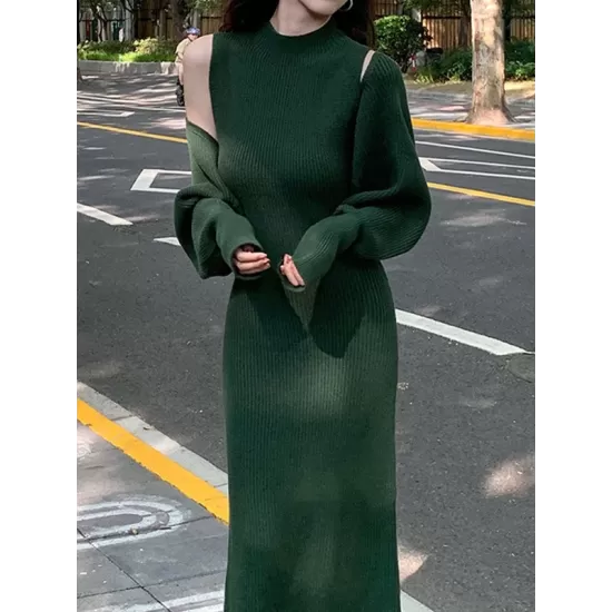 Mock Neck Long Sleeves Solid Color Cardigan Top + High Waisted Sweater Dress Two Pieces Set Mock Neck Long Sleeves Solid Color Cardigan Top + High Waisted Sweater Dress Two Pieces Set