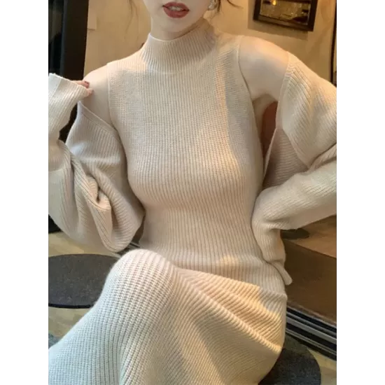 Mock Neck Long Sleeves Solid Color Cardigan Top + High Waisted Sweater Dress Two Pieces Set Mock Neck Long Sleeves Solid Color Cardigan Top + High Waisted Sweater Dress Two Pieces Set