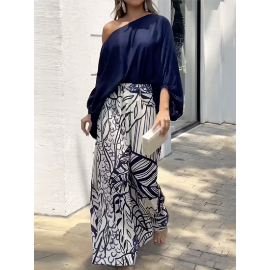 Loose Puff Sleeves Solid Color Off-The-Shoulder Blouses& Printed Pants Two Pieces Set Loose Puff Sleeves Solid Color Off-The-Shoulder Blouses& Printed Pants Two Pieces Set