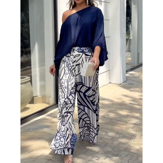 Loose Puff Sleeves Solid Color Off-The-Shoulder Blouses& Printed Pants Two Pieces Set Loose Puff Sleeves Solid Color Off-The-Shoulder Blouses& Printed Pants Two Pieces Set