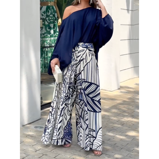 Loose Puff Sleeves Solid Color Off-The-Shoulder Blouses& Printed Pants Two Pieces Set Loose Puff Sleeves Solid Color Off-The-Shoulder Blouses& Printed Pants Two Pieces Set