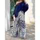 Loose Puff Sleeves Solid Color Off-The-Shoulder Blouses& Printed Pants Two Pieces Set Loose Puff Sleeves Solid Color Off-The-Shoulder Blouses& Printed Pants Two Pieces Set