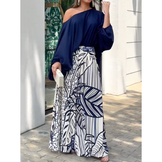 Loose Puff Sleeves Solid Color Off-The-Shoulder Blouses& Printed Pants Two Pieces Set Loose Puff Sleeves Solid Color Off-The-Shoulder Blouses& Printed Pants Two Pieces Set