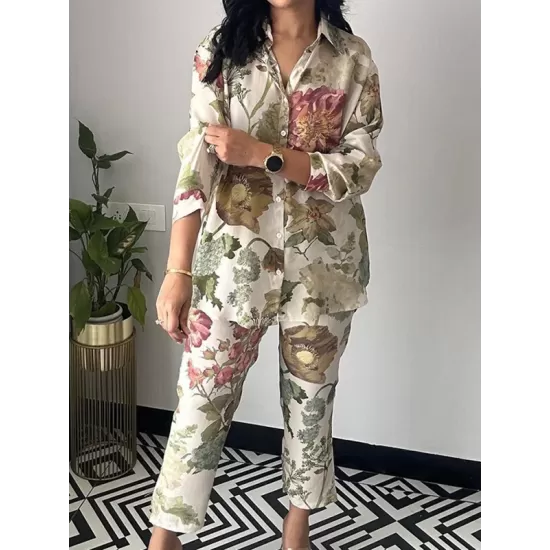Lapel Long Sleeves Buttoned Flower Print Shirts Top + Ninth Pants Pants Bottom Two Pieces Set Lapel Long Sleeves Buttoned Flower Print Shirts Top + Ninth Pants Pants Bottom Two Pieces Set