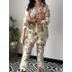 Lapel Long Sleeves Buttoned Flower Print Shirts Top + Ninth Pants Pants Bottom Two Pieces Set Lapel Long Sleeves Buttoned Flower Print Shirts Top + Ninth Pants Pants Bottom Two Pieces Set