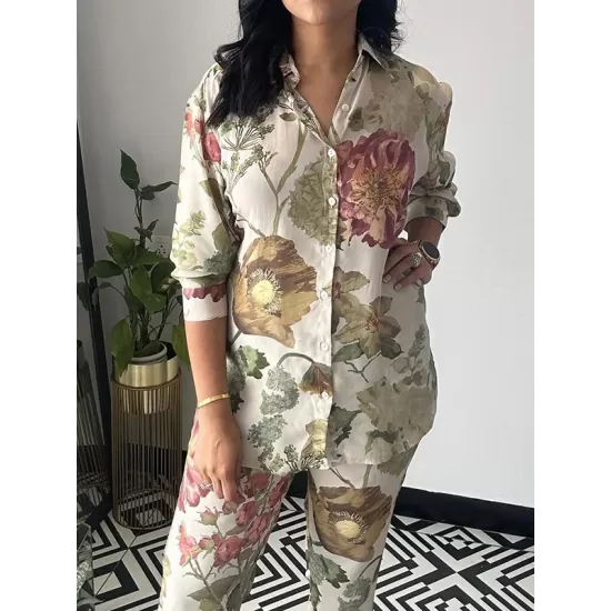Lapel Long Sleeves Buttoned Flower Print Shirts Top + Ninth Pants Pants Bottom Two Pieces Set Lapel Long Sleeves Buttoned Flower Print Shirts Top + Ninth Pants Pants Bottom Two Pieces Set