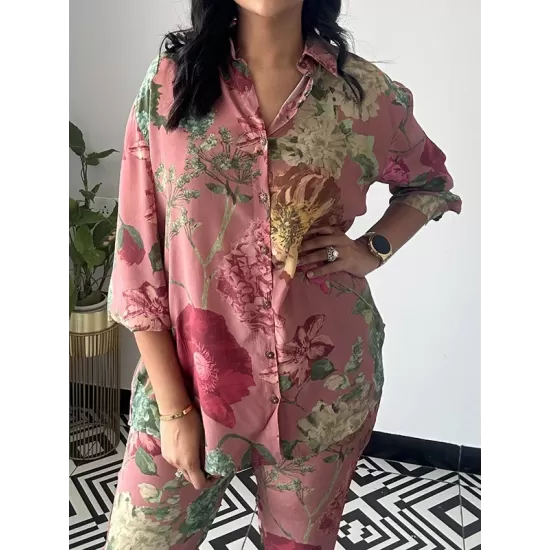 Lapel Long Sleeves Buttoned Flower Print Shirts Top + Ninth Pants Pants Bottom Two Pieces Set Lapel Long Sleeves Buttoned Flower Print Shirts Top + Ninth Pants Pants Bottom Two Pieces Set