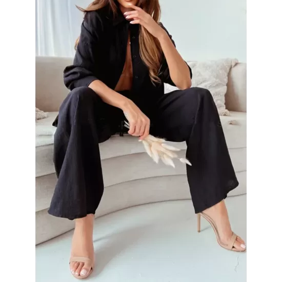 Lapel Long Sleeves Buttoned Pockets Solid Color Shirts Top + Elasticity High Waisted Pants Bottom Two Pieces Set Lapel Long Sleeves Buttoned Pockets Solid Color Shirts Top + Elasticity High Waisted Pants Bottom Two Pieces Set