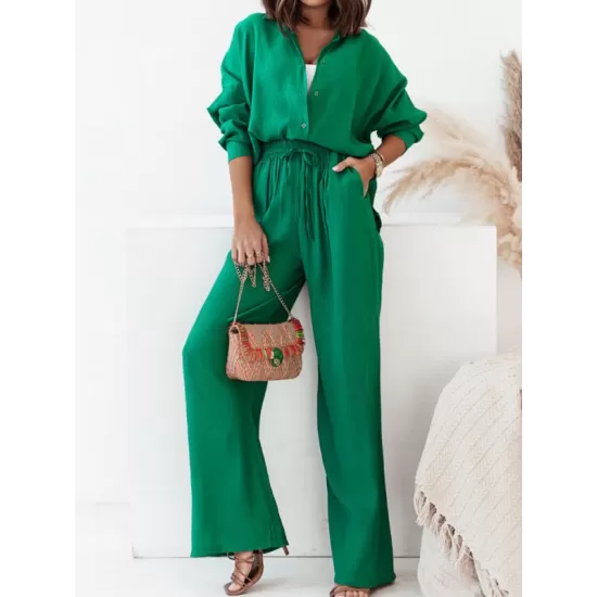 Lapel Long Sleeves Buttoned Pockets Solid Color Shirts Top + Elasticity High Waisted Pants Bottom Two Pieces Set Lapel Long Sleeves Buttoned Pockets Solid Color Shirts Top + Elasticity High Waisted Pants Bottom Two Pieces Set