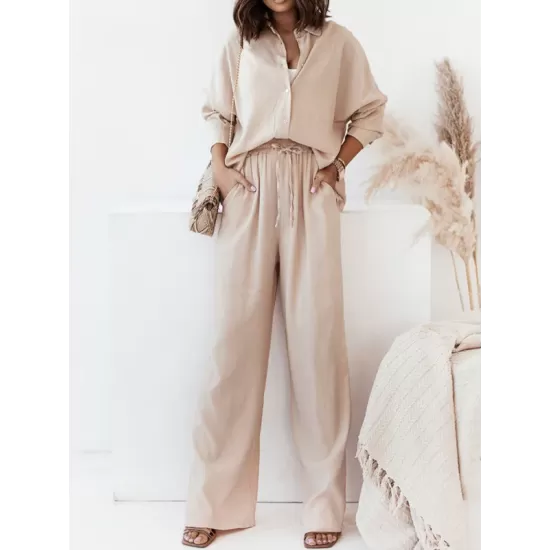 Lapel Long Sleeves Buttoned Pockets Solid Color Shirts Top + Elasticity High Waisted Pants Bottom Two Pieces Set Lapel Long Sleeves Buttoned Pockets Solid Color Shirts Top + Elasticity High Waisted Pants Bottom Two Pieces Set