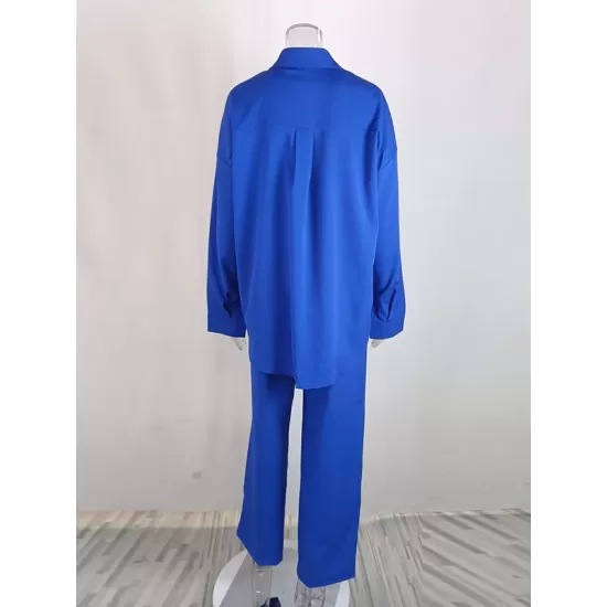 Lapel Long Sleeves Buttoned Pockets Solid Color Shirts Top + Elasticity High Waisted Pants Bottom Two Pieces Set Lapel Long Sleeves Buttoned Pockets Solid Color Shirts Top + Elasticity High Waisted Pants Bottom Two Pieces Set