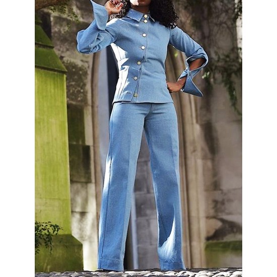 Long Sleeves Asymmetric Buttoned Hollow Lapel Pants Set Two Pieces Set Long Sleeves Asymmetric Buttoned Hollow Lapel Pants Set Two Pieces Set