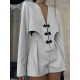 Long Sleeves Knot Split-Joint Striped Deep V-Neck Blouse + High Waisted Pleated Wide Leg Shorts Two Pieces Set Long Sleeves Knot Split-Joint Striped Deep V-Neck Blouse + High Waisted Pleated Wide Leg Shorts Two Pieces Set