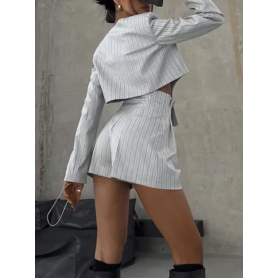 Long Sleeves Knot Split-Joint Striped Deep V-Neck Blouse + High Waisted Pleated Wide Leg Shorts Two Pieces Set Long Sleeves Knot Split-Joint Striped Deep V-Neck Blouse + High Waisted Pleated Wide Leg Shorts Two Pieces Set