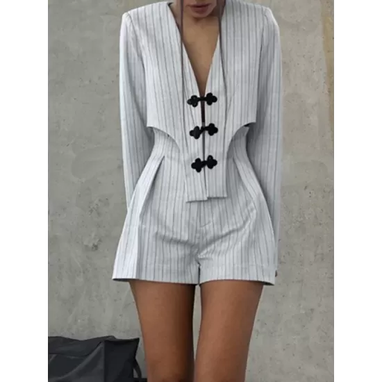 Long Sleeves Knot Split-Joint Striped Deep V-Neck Blouse + High Waisted Pleated Wide Leg Shorts Two Pieces Set Long Sleeves Knot Split-Joint Striped Deep V-Neck Blouse + High Waisted Pleated Wide Leg Shorts Two Pieces Set