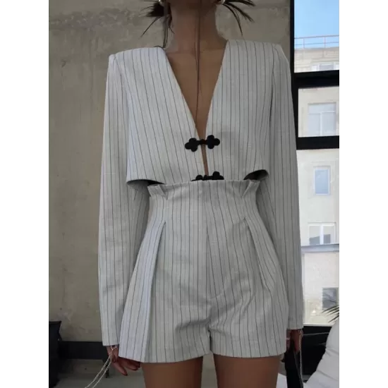 Long Sleeves Knot Split-Joint Striped Deep V-Neck Blouse + High Waisted Pleated Wide Leg Shorts Two Pieces Set Long Sleeves Knot Split-Joint Striped Deep V-Neck Blouse + High Waisted Pleated Wide Leg Shorts Two Pieces Set