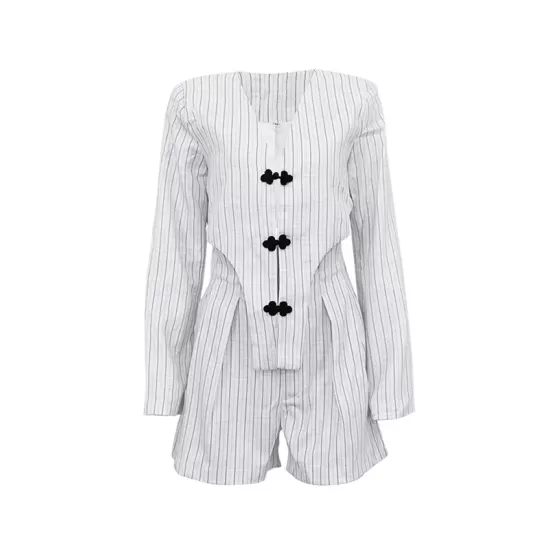 Long Sleeves Knot Split-Joint Striped Deep V-Neck Blouse + High Waisted Pleated Wide Leg Shorts Two Pieces Set Long Sleeves Knot Split-Joint Striped Deep V-Neck Blouse + High Waisted Pleated Wide Leg Shorts Two Pieces Set