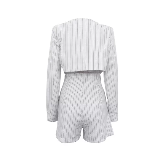 Long Sleeves Knot Split-Joint Striped Deep V-Neck Blouse + High Waisted Pleated Wide Leg Shorts Two Pieces Set Long Sleeves Knot Split-Joint Striped Deep V-Neck Blouse + High Waisted Pleated Wide Leg Shorts Two Pieces Set