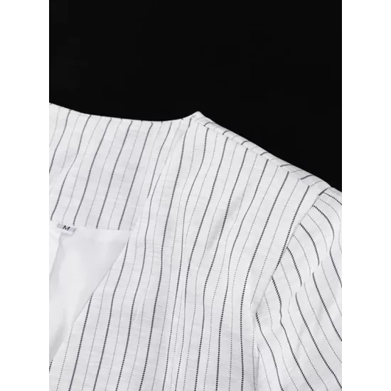 Long Sleeves Knot Split-Joint Striped Deep V-Neck Blouse + High Waisted Pleated Wide Leg Shorts Two Pieces Set Long Sleeves Knot Split-Joint Striped Deep V-Neck Blouse + High Waisted Pleated Wide Leg Shorts Two Pieces Set