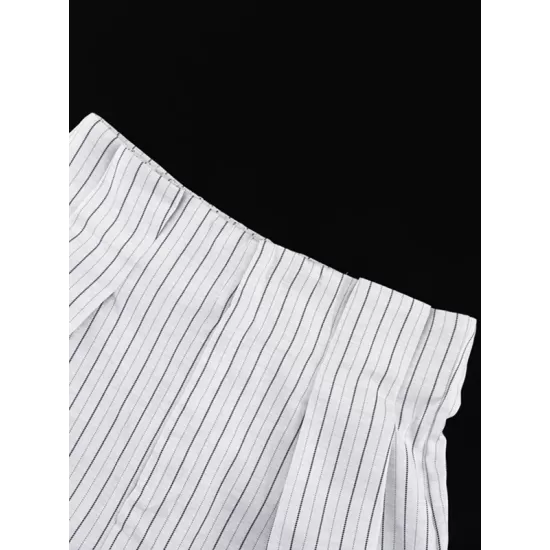 Long Sleeves Knot Split-Joint Striped Deep V-Neck Blouse + High Waisted Pleated Wide Leg Shorts Two Pieces Set Long Sleeves Knot Split-Joint Striped Deep V-Neck Blouse + High Waisted Pleated Wide Leg Shorts Two Pieces Set
