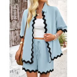 Loose Short Sleeves Split-Joint Lapel Blouse + Drawstring Elasticity Shorts Two Pieces Set