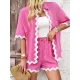 Loose Short Sleeves Split-Joint Lapel Blouse + Drawstring Elasticity Shorts Two Pieces Set Loose Short Sleeves Split-Joint Lapel Blouse + Drawstring Elasticity Shorts Two Pieces Set