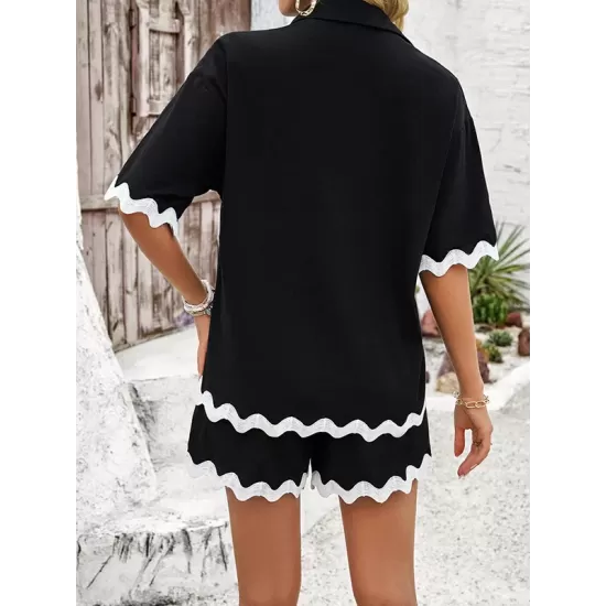 Loose Short Sleeves Split-Joint Lapel Blouse + Drawstring Elasticity Shorts Two Pieces Set Loose Short Sleeves Split-Joint Lapel Blouse + Drawstring Elasticity Shorts Two Pieces Set