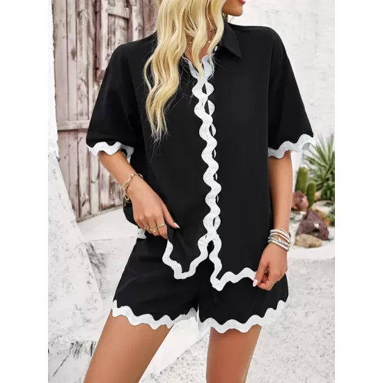 Loose Short Sleeves Split-Joint Lapel Blouse + Drawstring Elasticity Shorts Two Pieces Set Loose Short Sleeves Split-Joint Lapel Blouse + Drawstring Elasticity Shorts Two Pieces Set