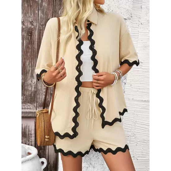 Loose Short Sleeves Split-Joint Lapel Blouse + Drawstring Elasticity Shorts Two Pieces Set Loose Short Sleeves Split-Joint Lapel Blouse + Drawstring Elasticity Shorts Two Pieces Set